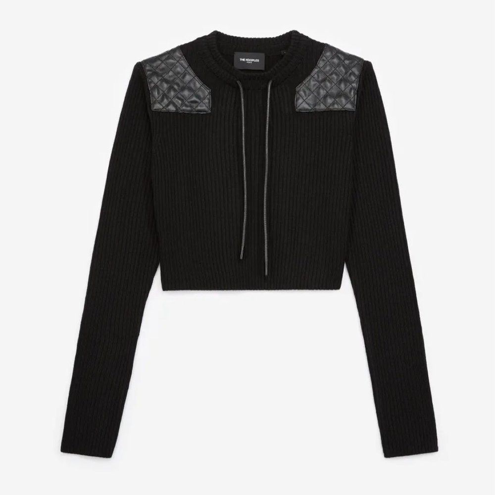 The Kooples Cropped Black Sweater with Shoulder Inserts Leather Lace Up